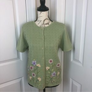 Alfred Dunner vintage embroidered button up short sleeve sweater, size Petite L